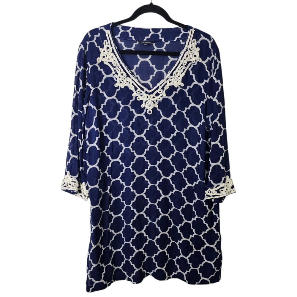 Lands End L  Blue‎ Geometric Print Embroidered Tunic Top Mini Dress Boho Coastal